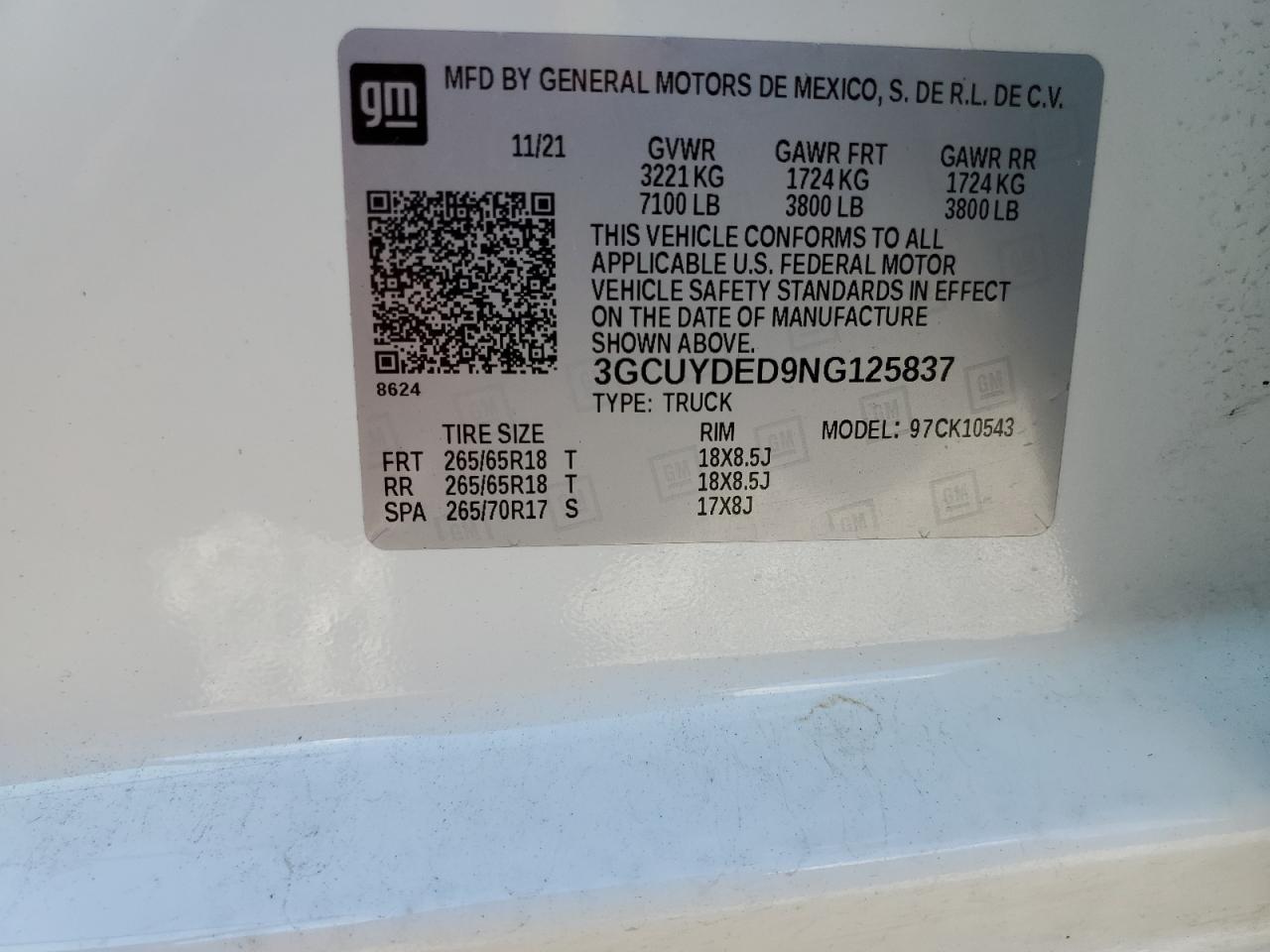 2022 CHEVROLET SILVERADO LTD K1500 LT VIN:3GCUYDED9NG125837