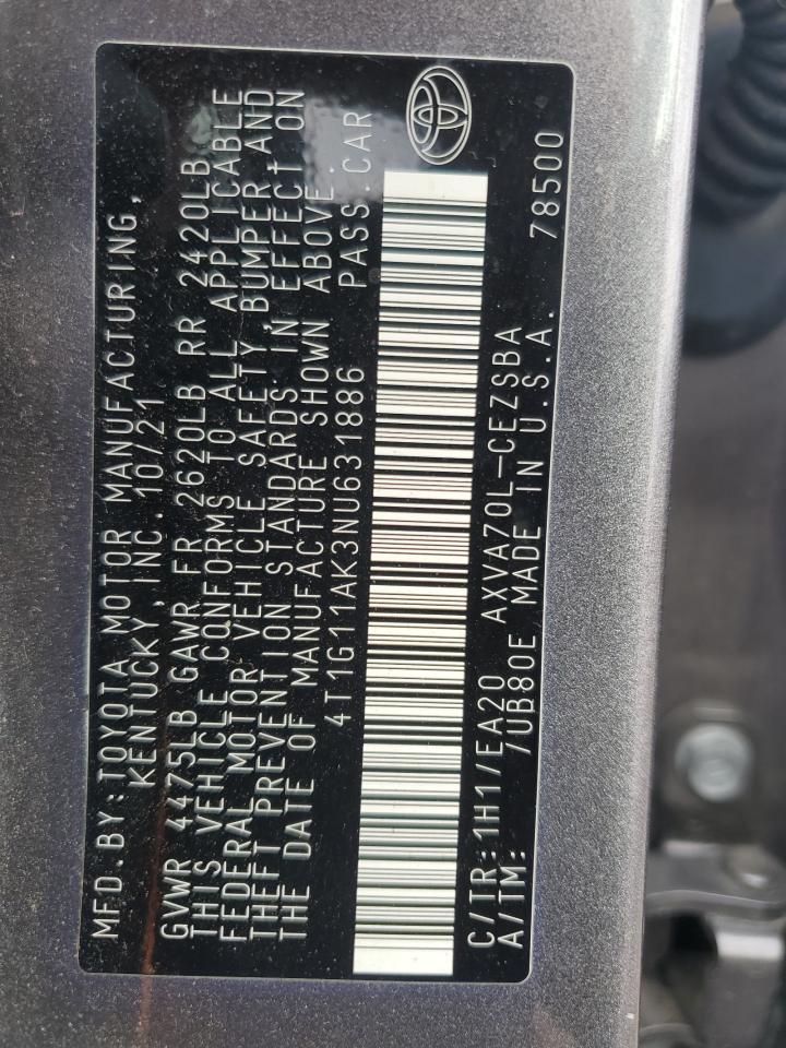 2022 TOYOTA CAMRY SE VIN:4T1G11AK3NU631886