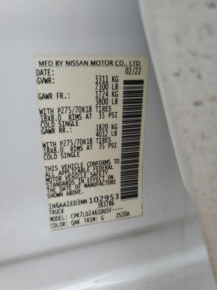 2022 NISSAN TITAN SV VIN:1N6AA1ED3NN102953