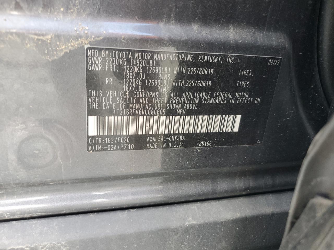 2022 TOYOTA RAV4 SE VIN:4T3T6RFV6NU080605