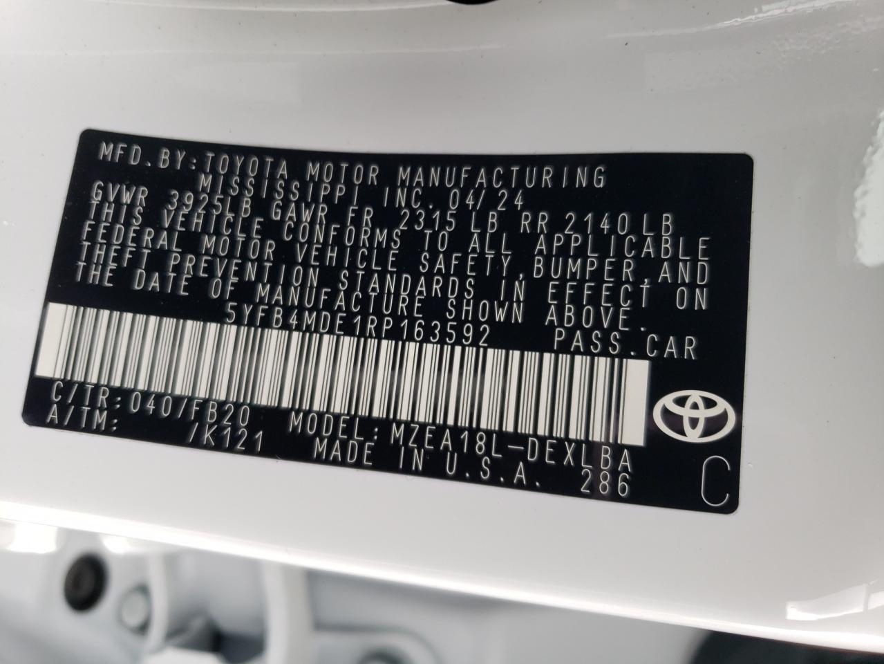 2024 TOYOTA COROLLA LE VIN:5YFB4MDE1RP163592