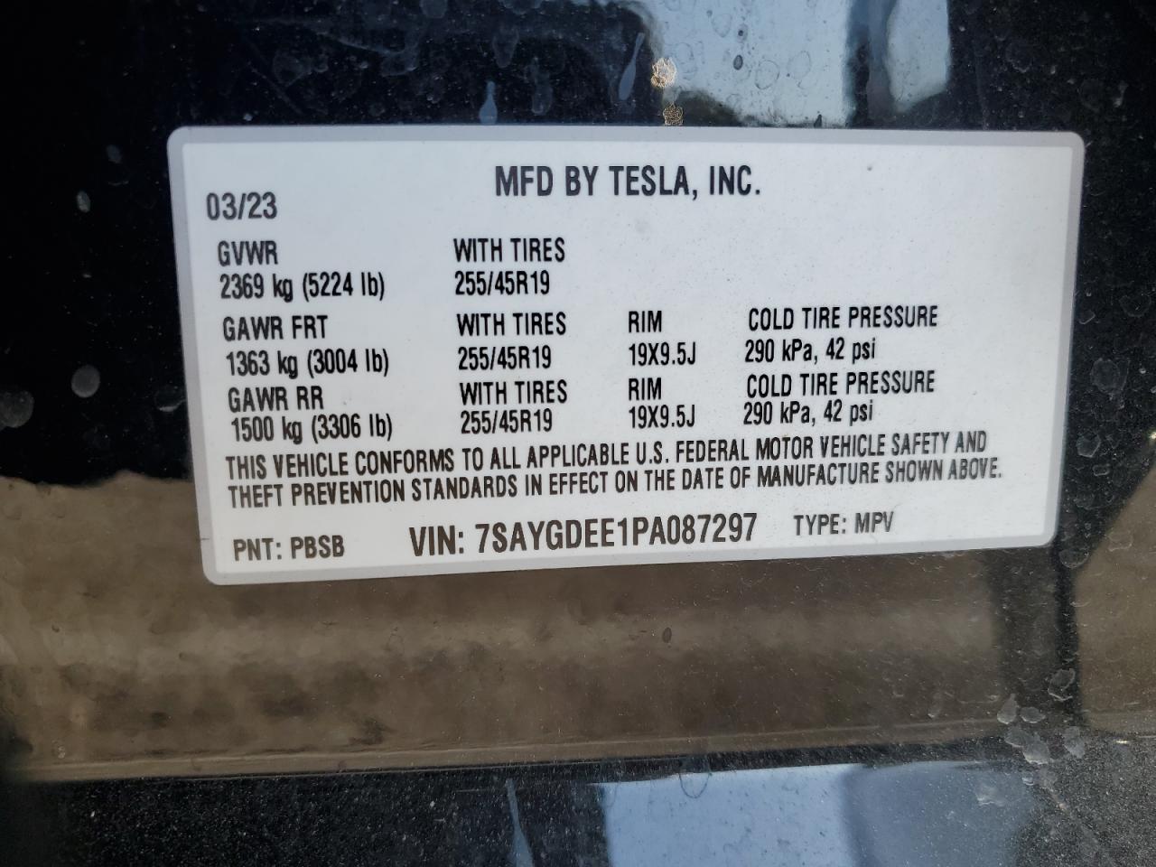 2023 TESLA MODEL Y  VIN:7SAYGDEE1PA087297