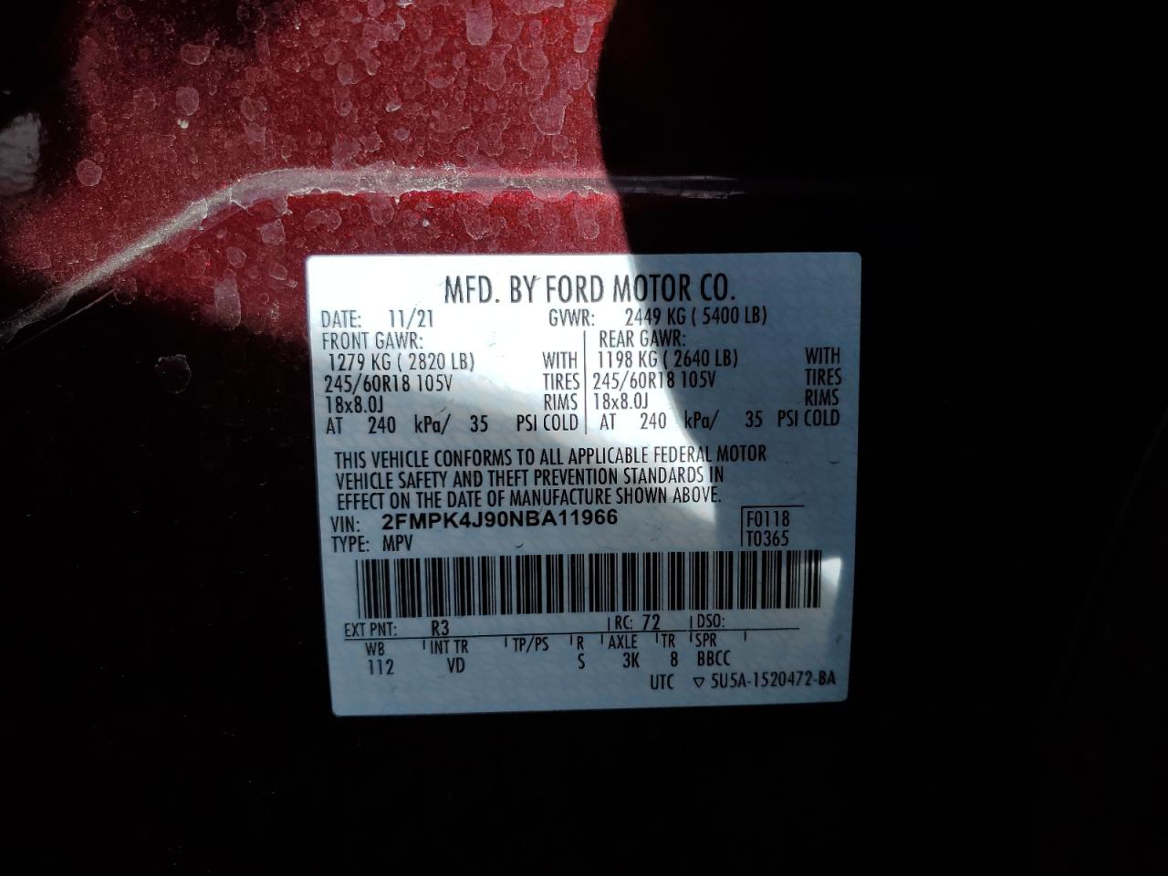2022 FORD EDGE SEL VIN:2FMPK4J90NBA11966
