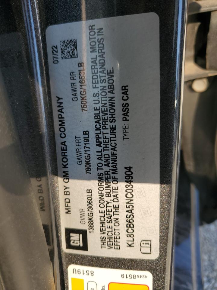 2022 CHEVROLET SPARK LS VIN:KL8CB6SA5NC034904