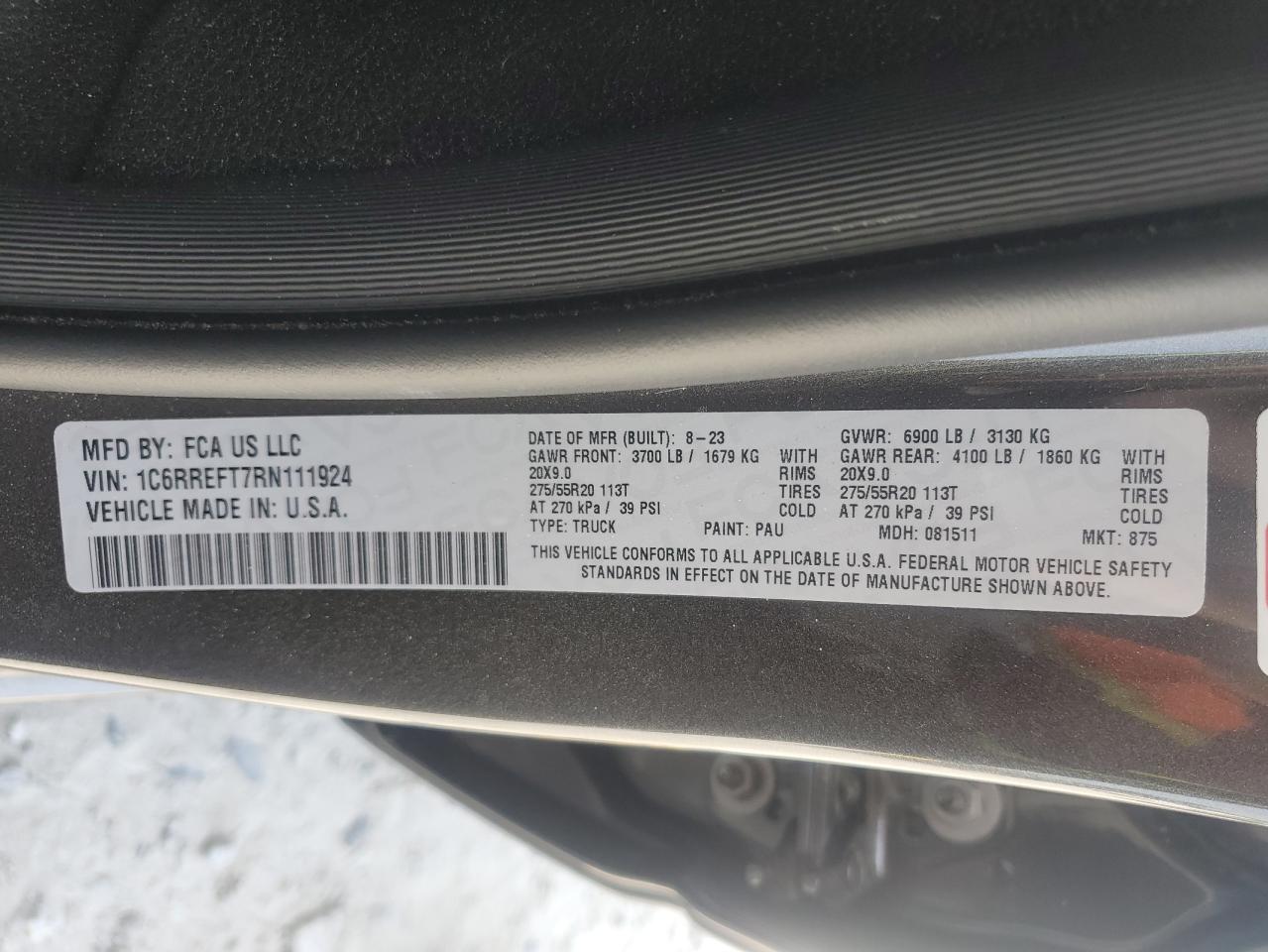 2024 RAM 1500 BIG HORN/LONE STAR VIN:1C6RREFT7RN111924