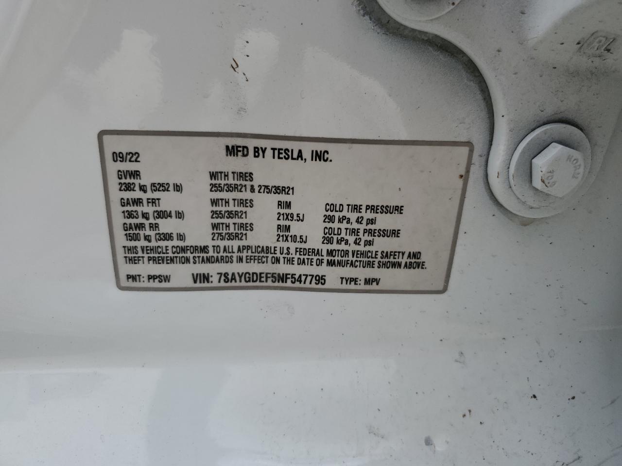 2022 TESLA MODEL Y  VIN:7SAYGDEF5NF547795