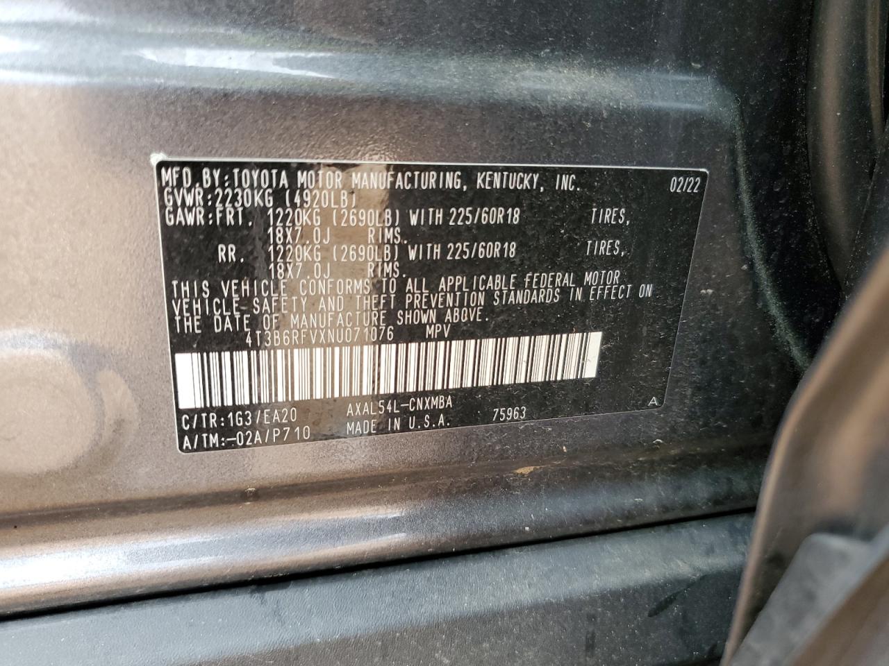 2022 TOYOTA RAV4 XLE PREMIUM VIN:4T3B6RFVXNU071076