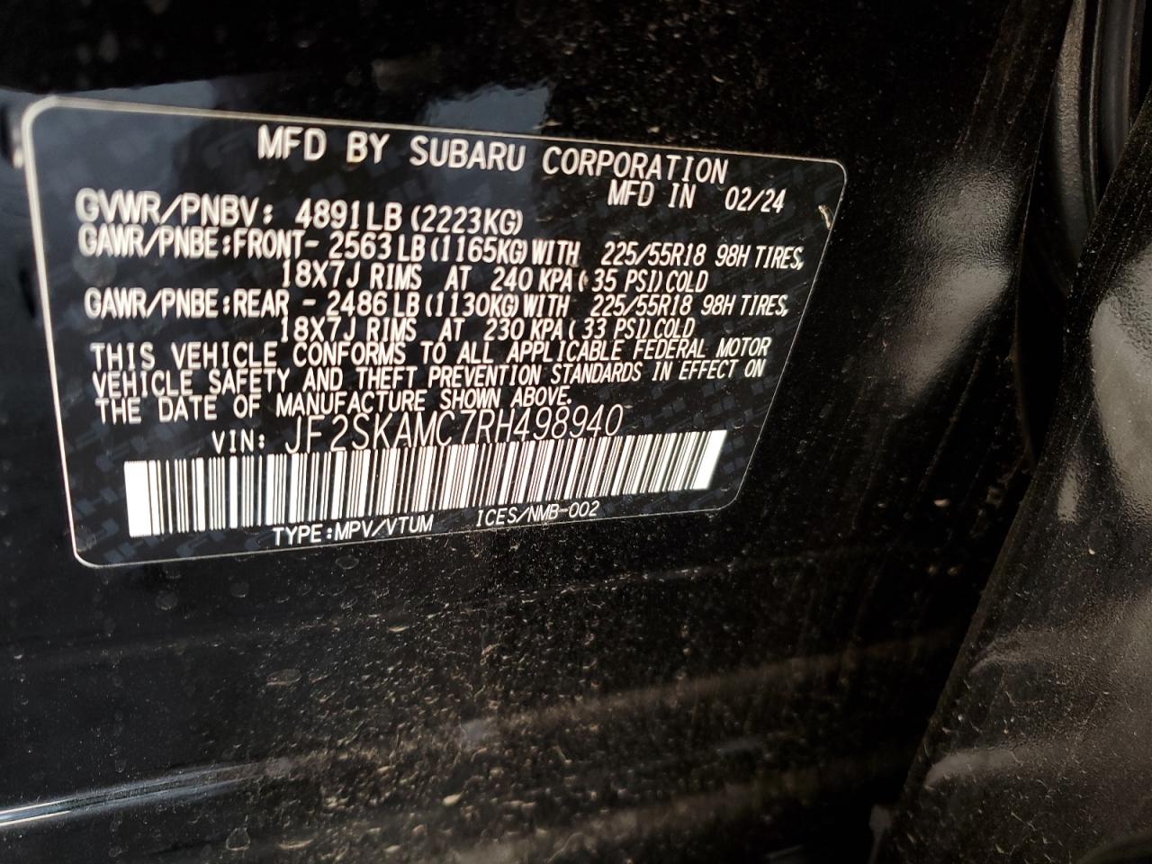 2024 SUBARU FORESTER TOURING VIN:JF2SKAMC7RH498940