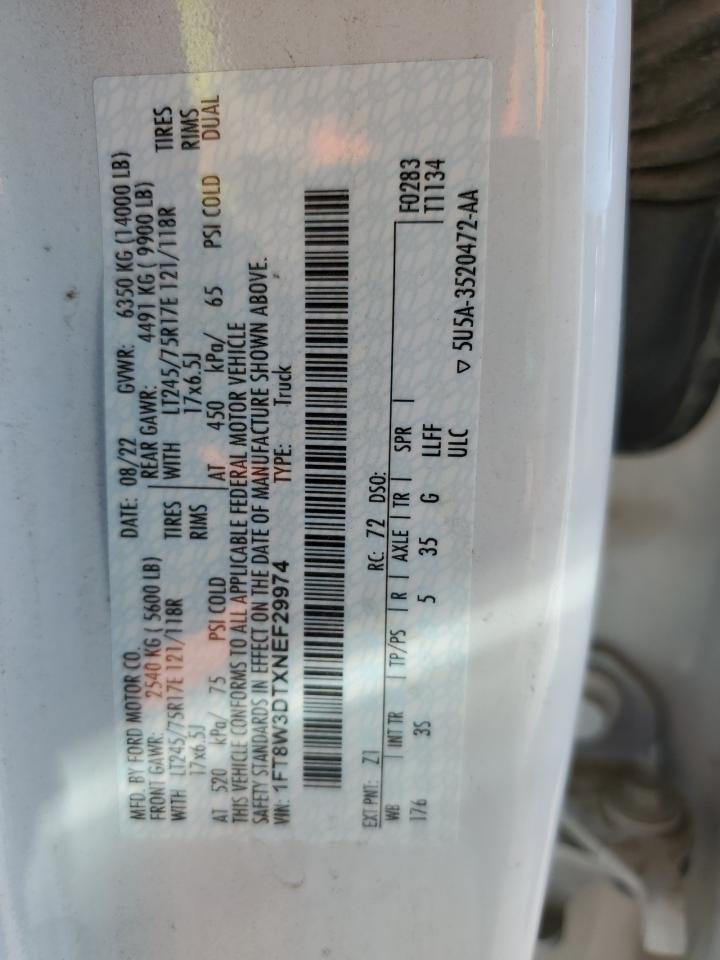 2022 FORD F350 SUPER DUTY VIN:1FT8W3DTXNEF29974