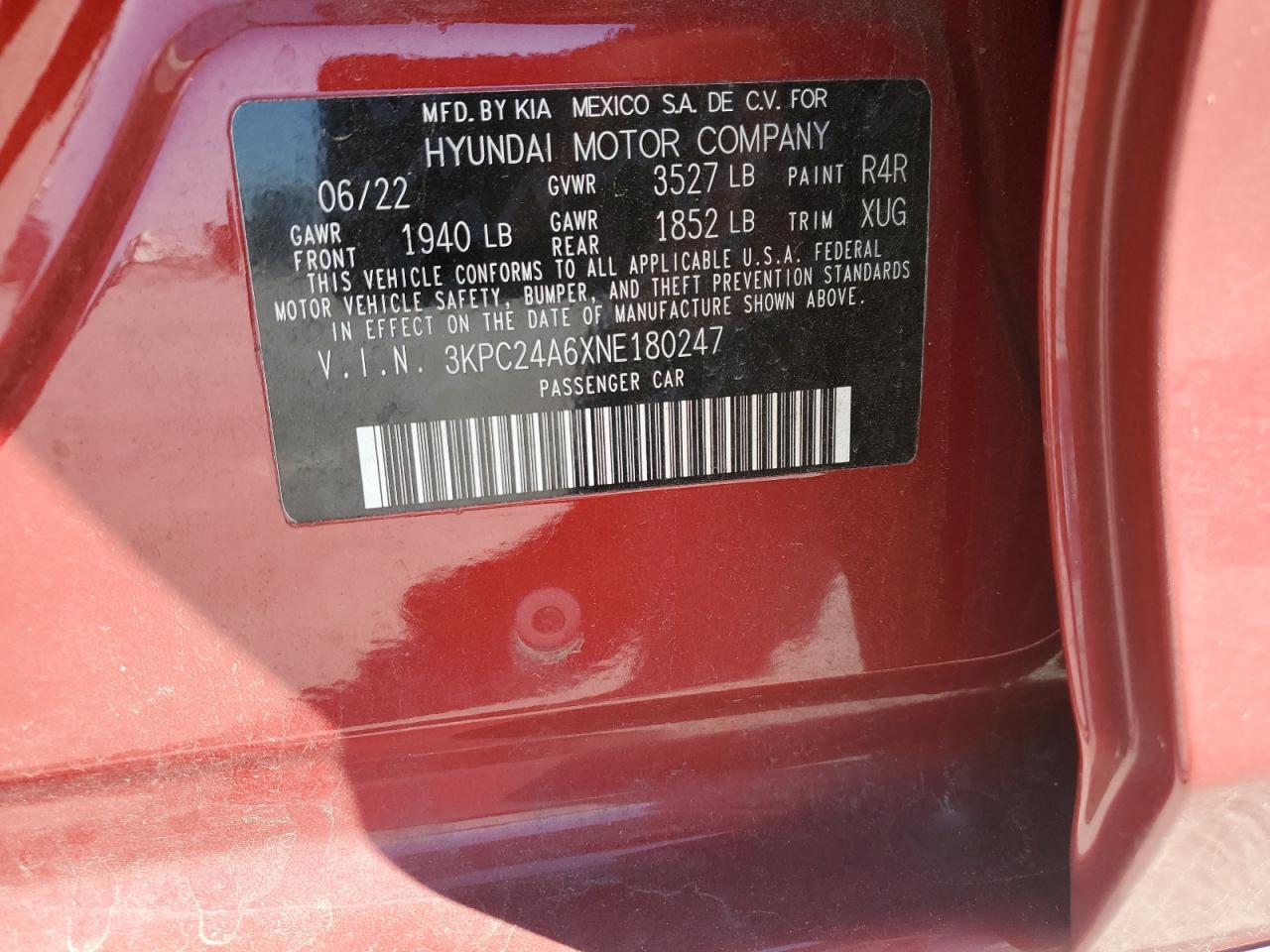 2022 HYUNDAI ACCENT SE VIN:3KPC24A6XNE180247