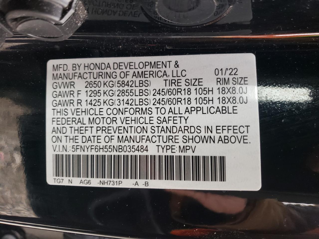 2022 HONDA PILOT EXL VIN:5FNYF6H55NB035484