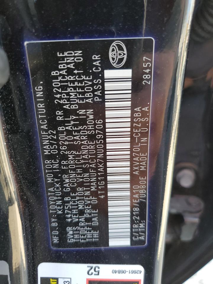 2022 TOYOTA CAMRY SE VIN:4T1G11AK7NU059706