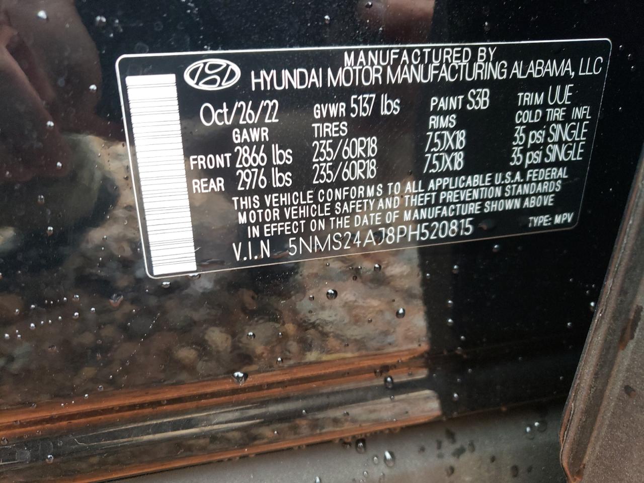 2023 HYUNDAI SANTA FE SEL VIN:5NMS24AJ8PH520815