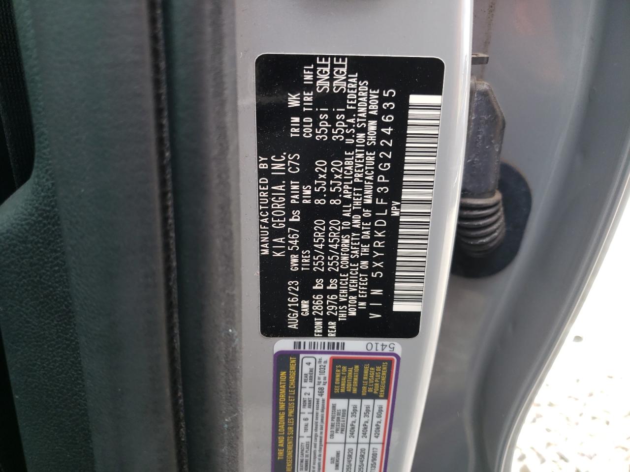 2023 KIA SORENTO SX VIN:5XYRKDLF3PG224635