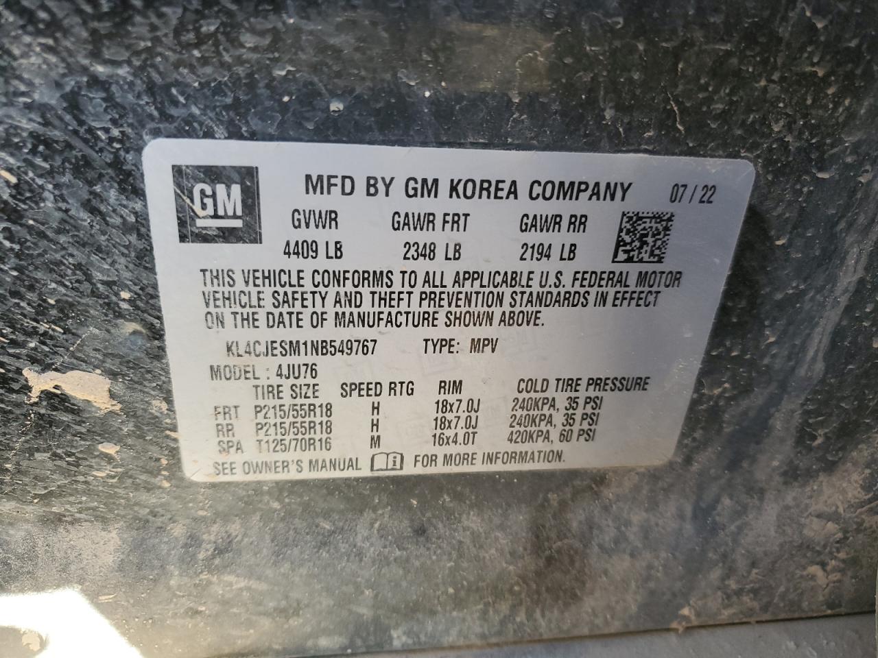 2022 BUICK ENCORE PREFERRED VIN:KL4CJESM1NB549767