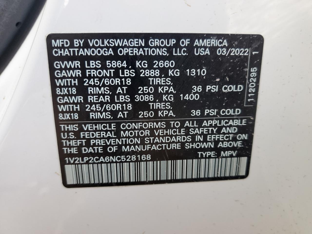 2022 VOLKSWAGEN ATLAS SE VIN:1V2LP2CA6NC528168