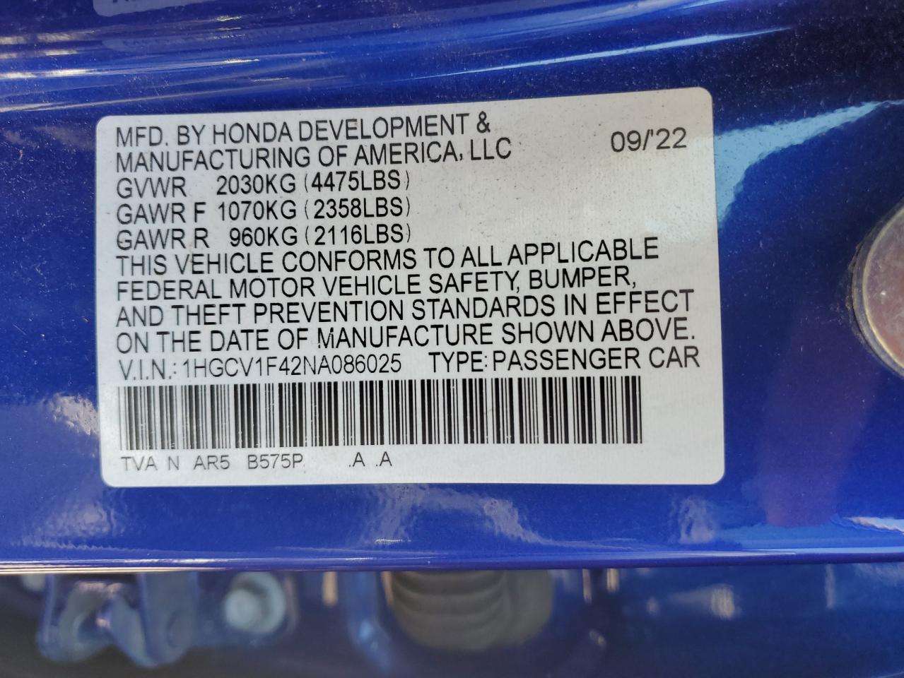 2022 HONDA ACCORD SPORT SE VIN:1HGCV1F42NA086025