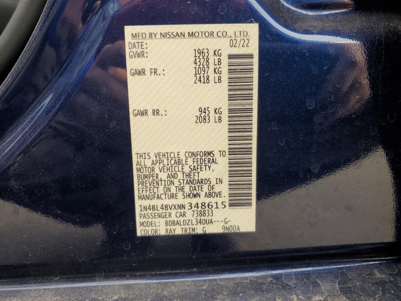 2022 NISSAN ALTIMA S VIN:1N4BL4BVXNN348615