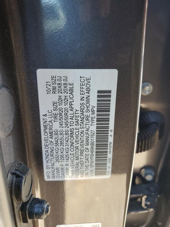 2022 HONDA PILOT TOURING VIN:5FNYF6H69NB017627