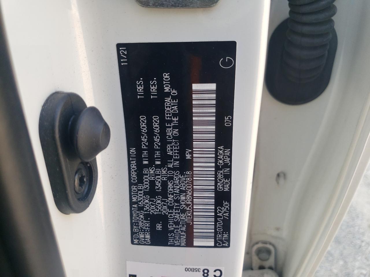 2022 TOYOTA 4RUNNER LIMITED VIN:JTEKU5JR8N6007818