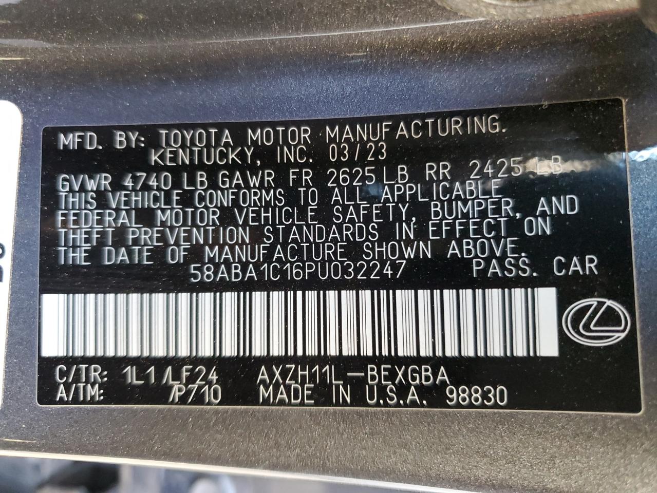 2023 LEXUS ES 300H F SPORT HANDLING VIN:58ABA1C16PU032247