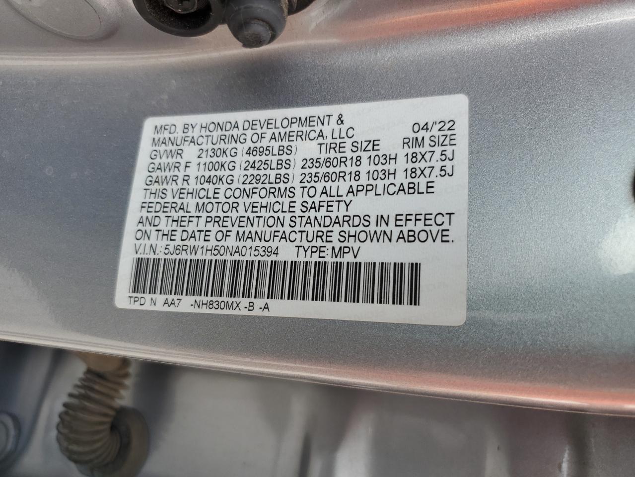 2022 HONDA CR-V EX VIN:5J6RW1H50NA015394