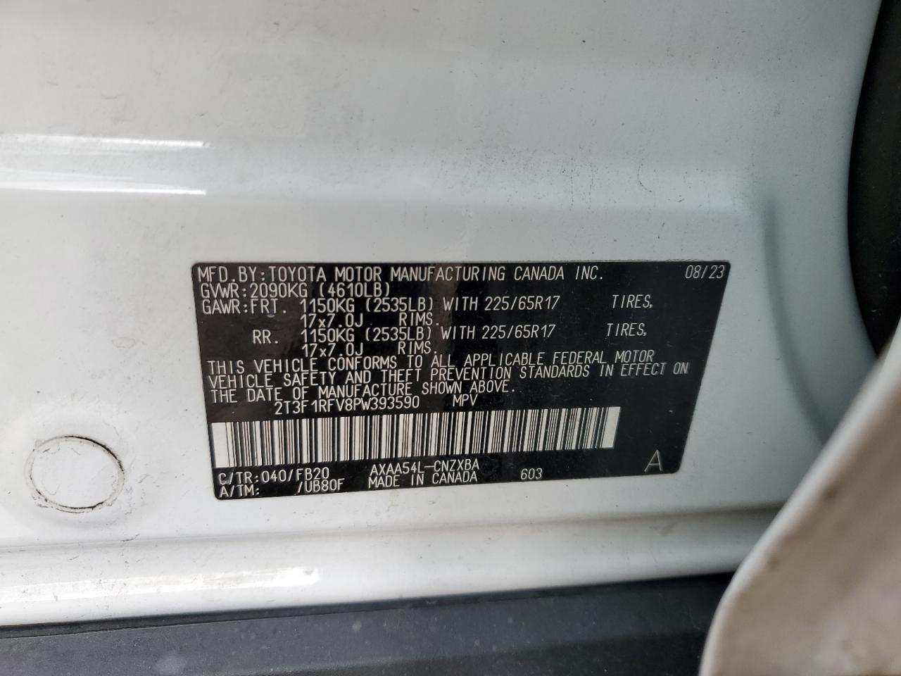 2023 TOYOTA RAV4 LE VIN:2T3F1RFV8PW393590