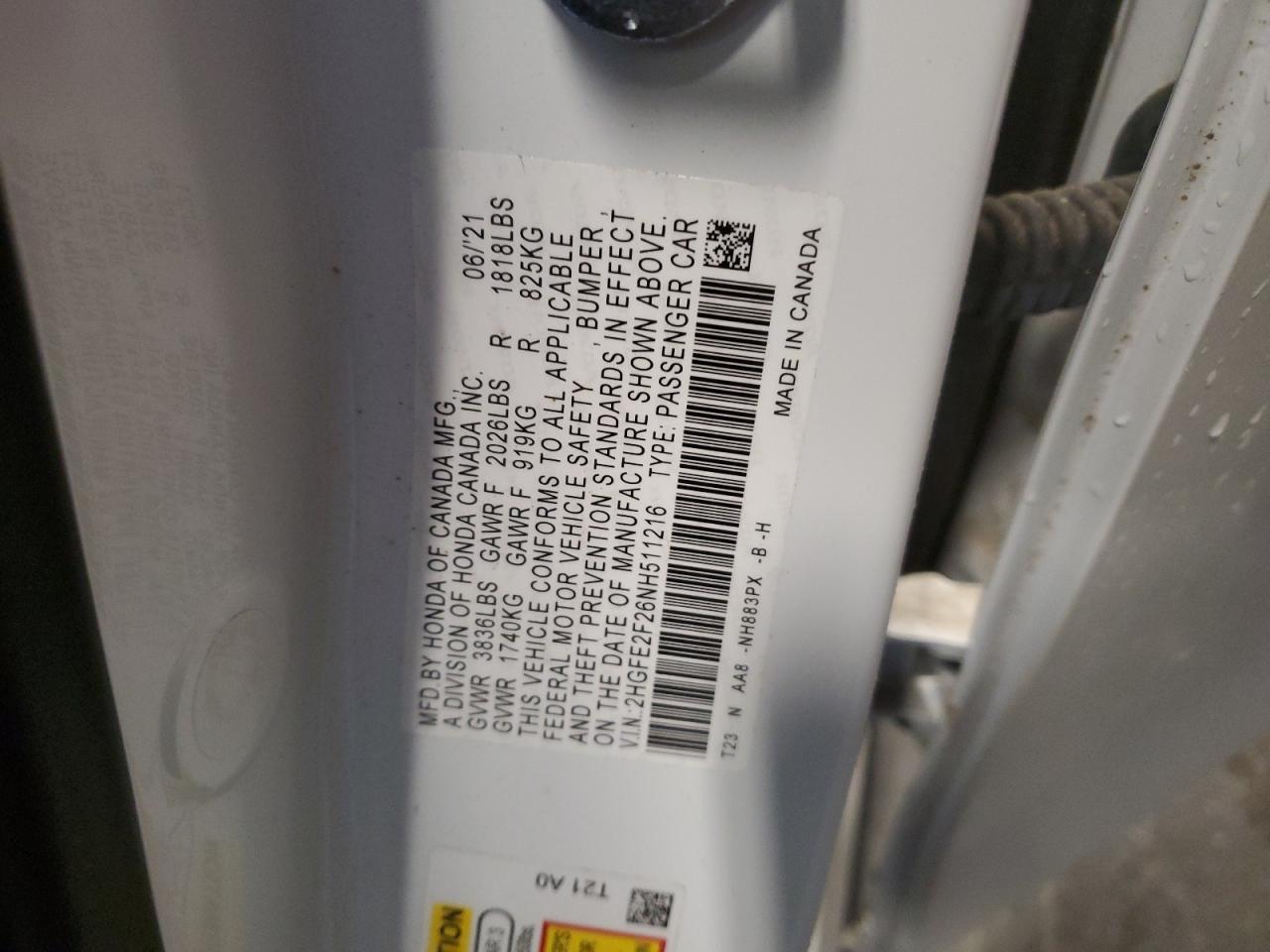 2022 HONDA CIVIC LX VIN:2HGFE2F26NH511216