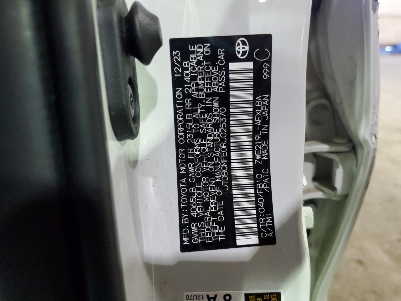 2024 TOYOTA COROLLA LE VIN:JTDBCMFE0RJ025370