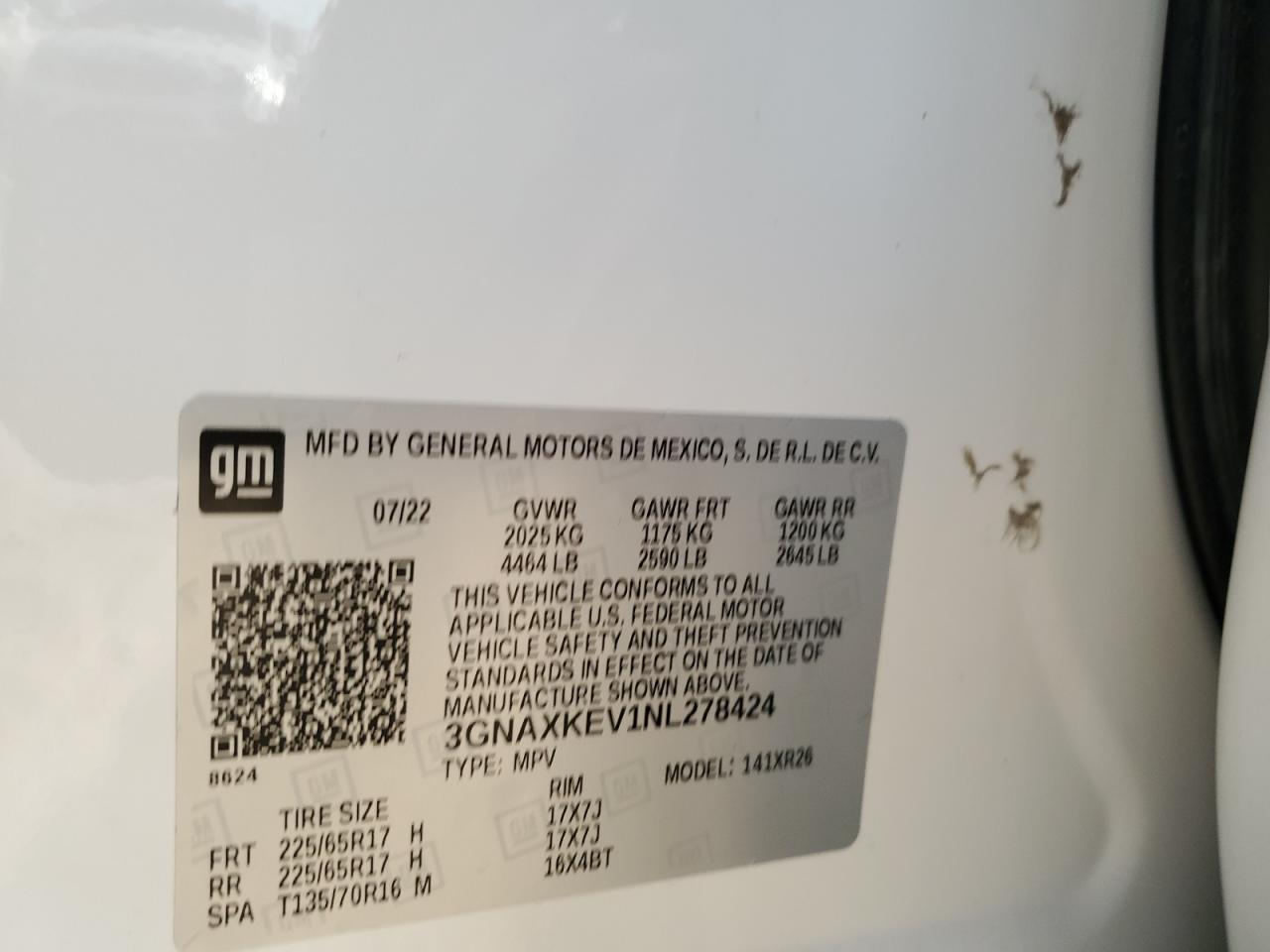 2022 CHEVROLET EQUINOX LT VIN:3GNAXKEV1NL278424