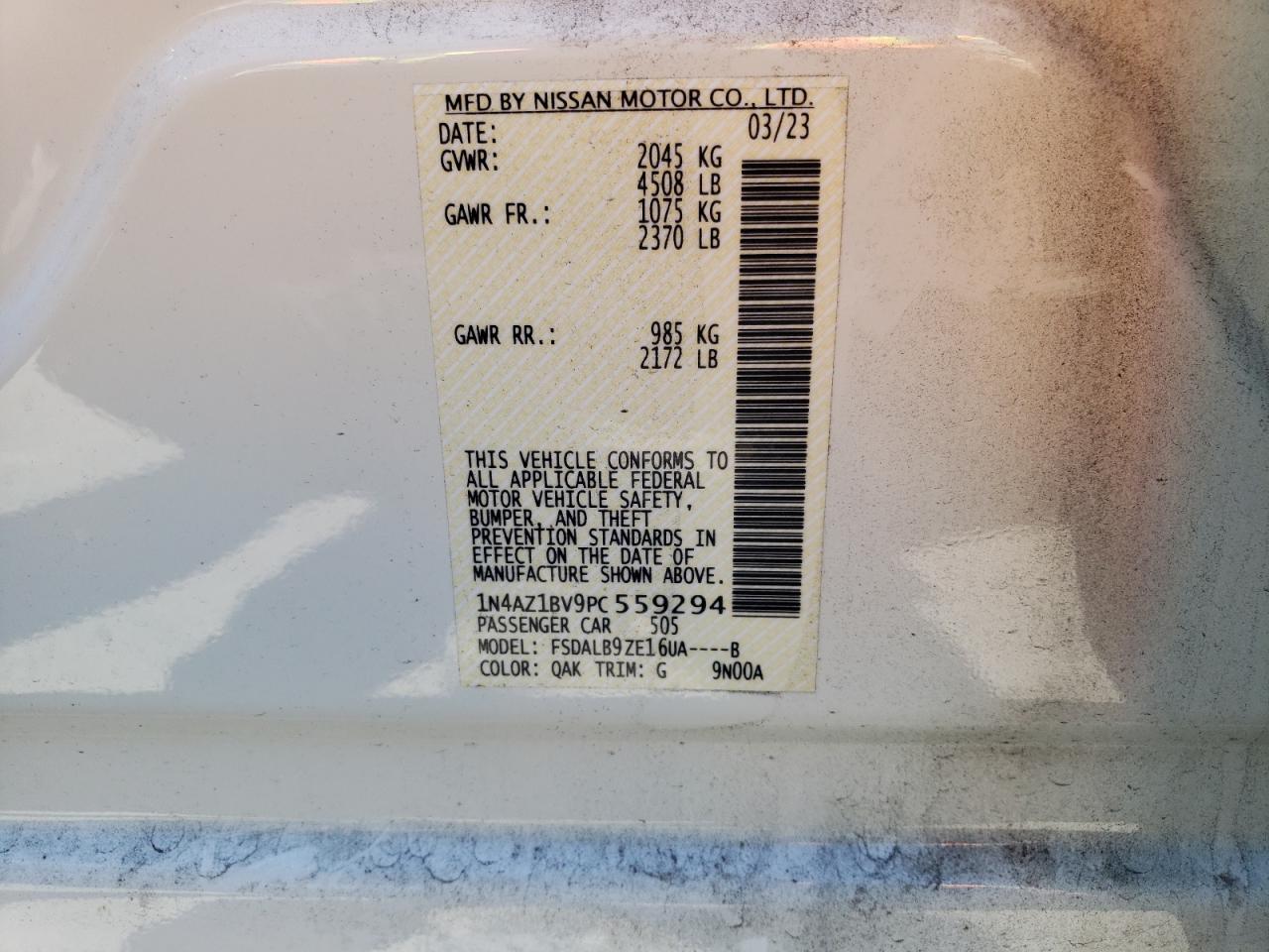 2023 NISSAN LEAF S VIN:1N4AZ1BV9PC559294