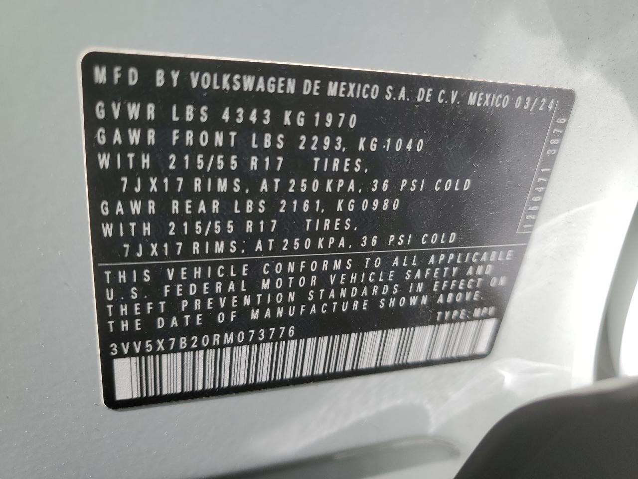 2024 VOLKSWAGEN TAOS S VIN:3VV5X7B20RM073776