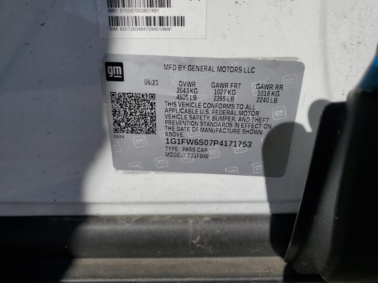 2023 CHEVROLET BOLT EV 1LT VIN:1G1FW6S07P4171753