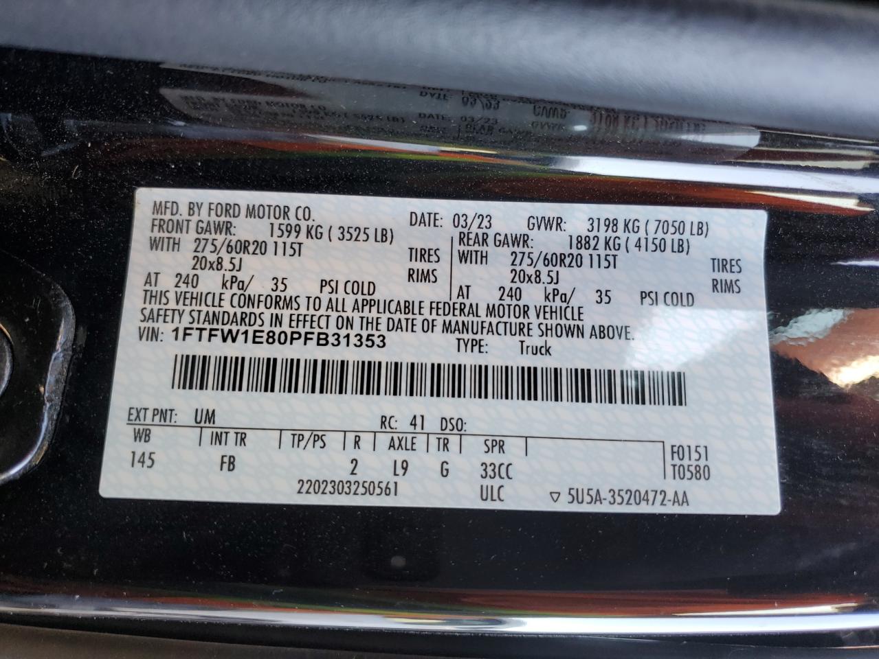 2023 FORD F150 SUPERCREW VIN:1FTFW1E80PFB31353