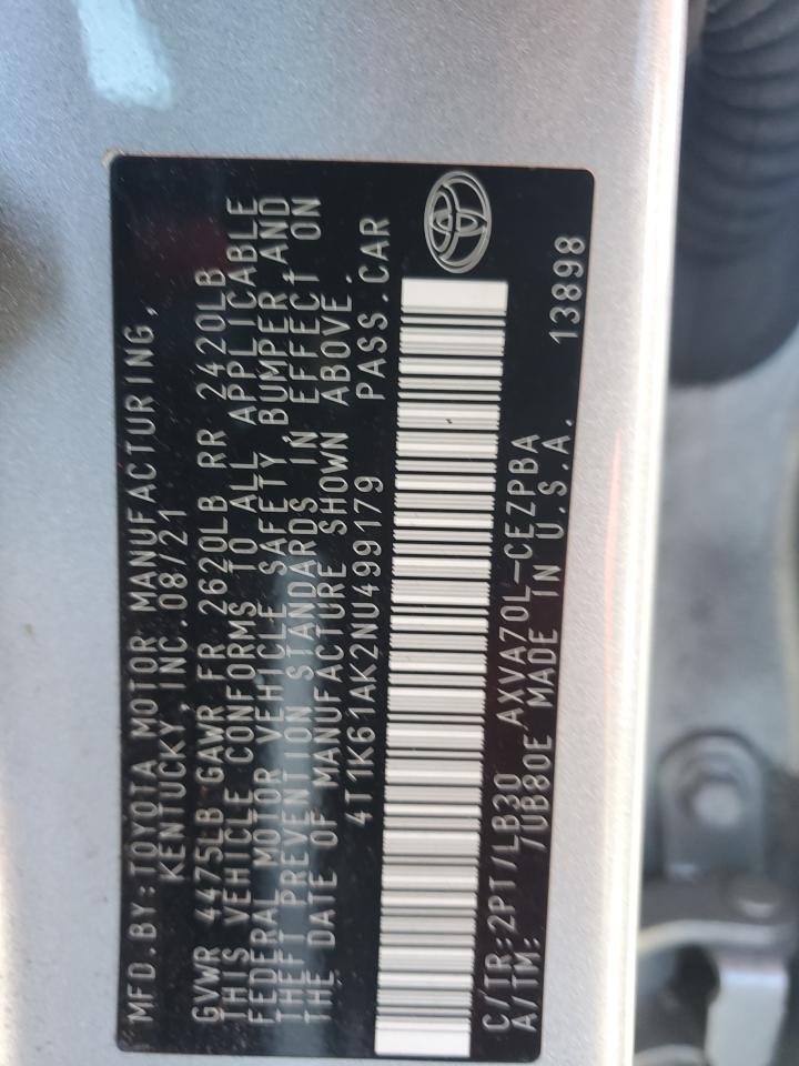 2022 TOYOTA CAMRY XSE VIN:4T1K61AK2NU499179