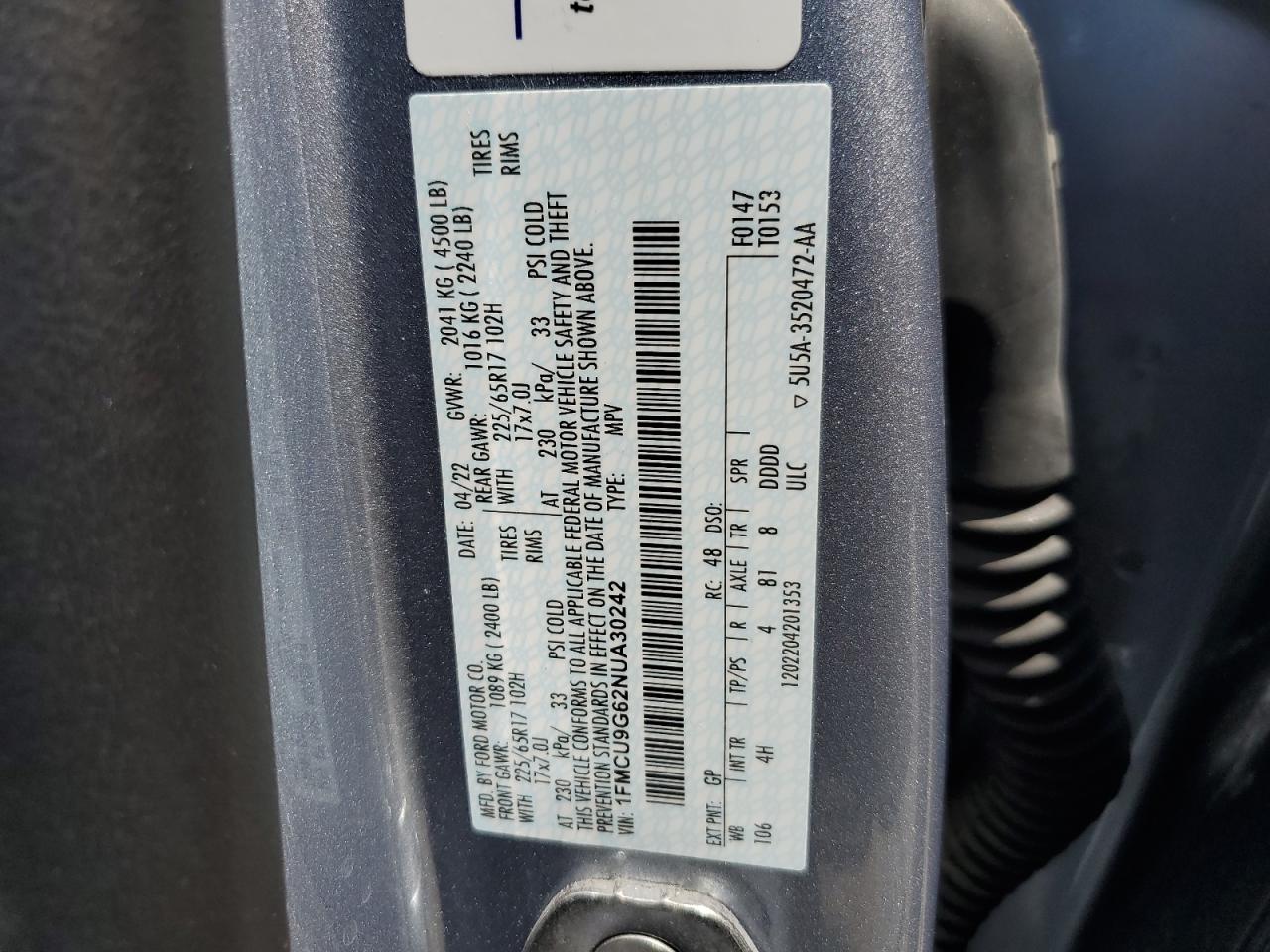 2022 FORD ESCAPE SE VIN:1FMCU9G62NUA30242