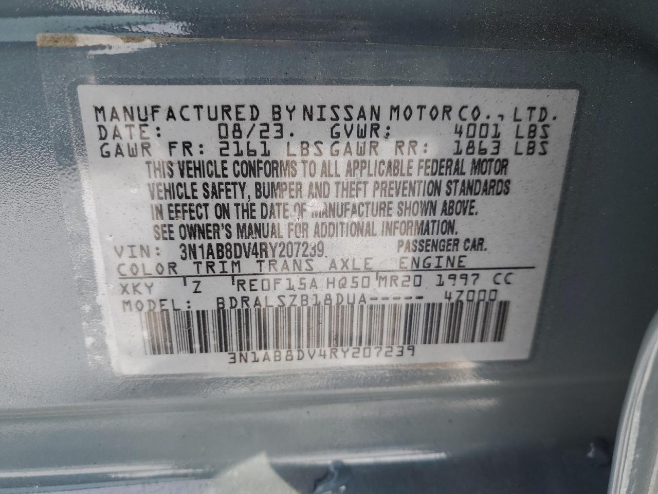 2024 NISSAN SENTRA SR VIN:3N1AB8DV4RY207239