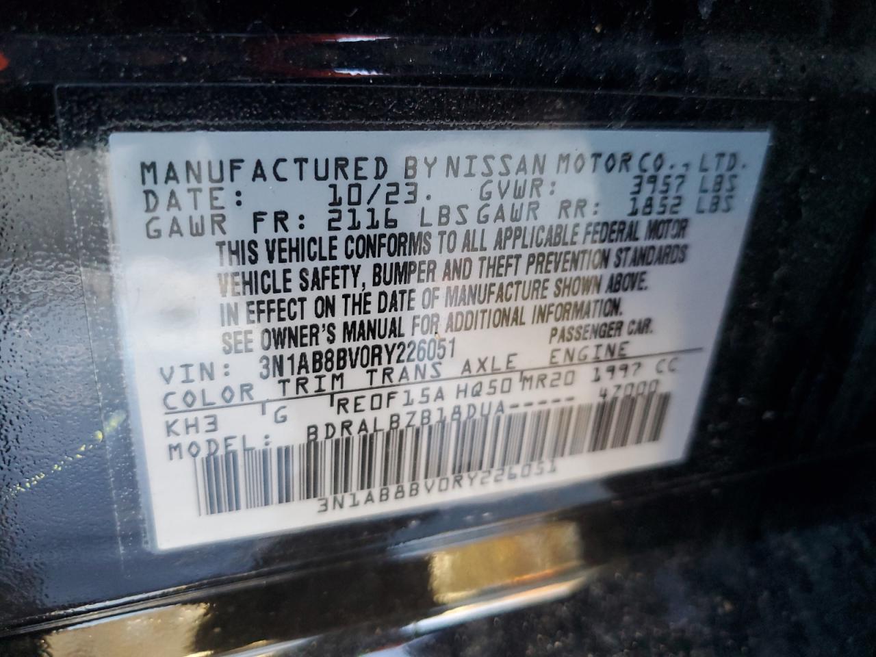 2024 NISSAN SENTRA S VIN:3N1AB8BV0RY226051