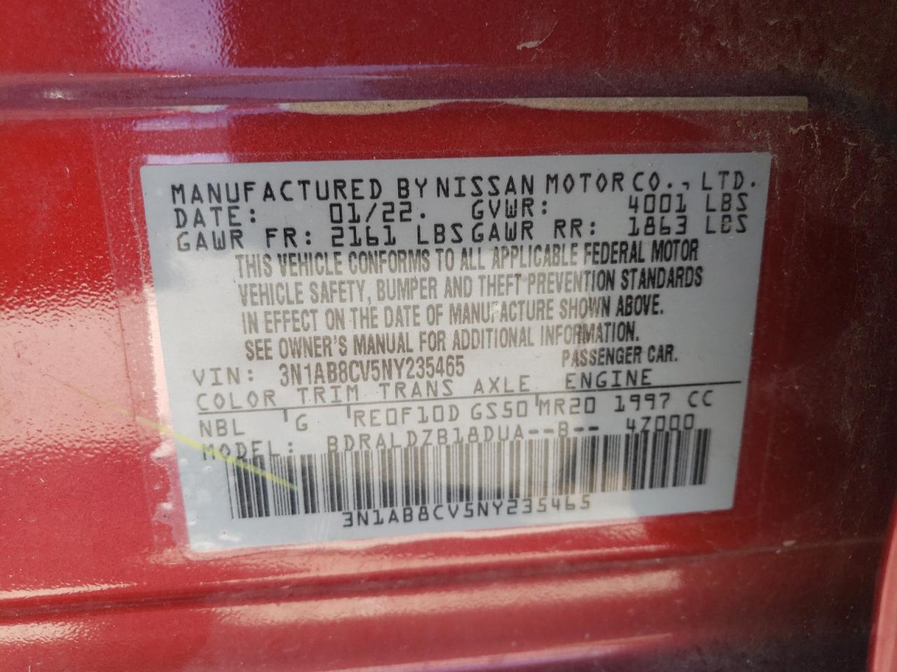 2022 NISSAN SENTRA SV VIN:3N1AB8CV5NY235465