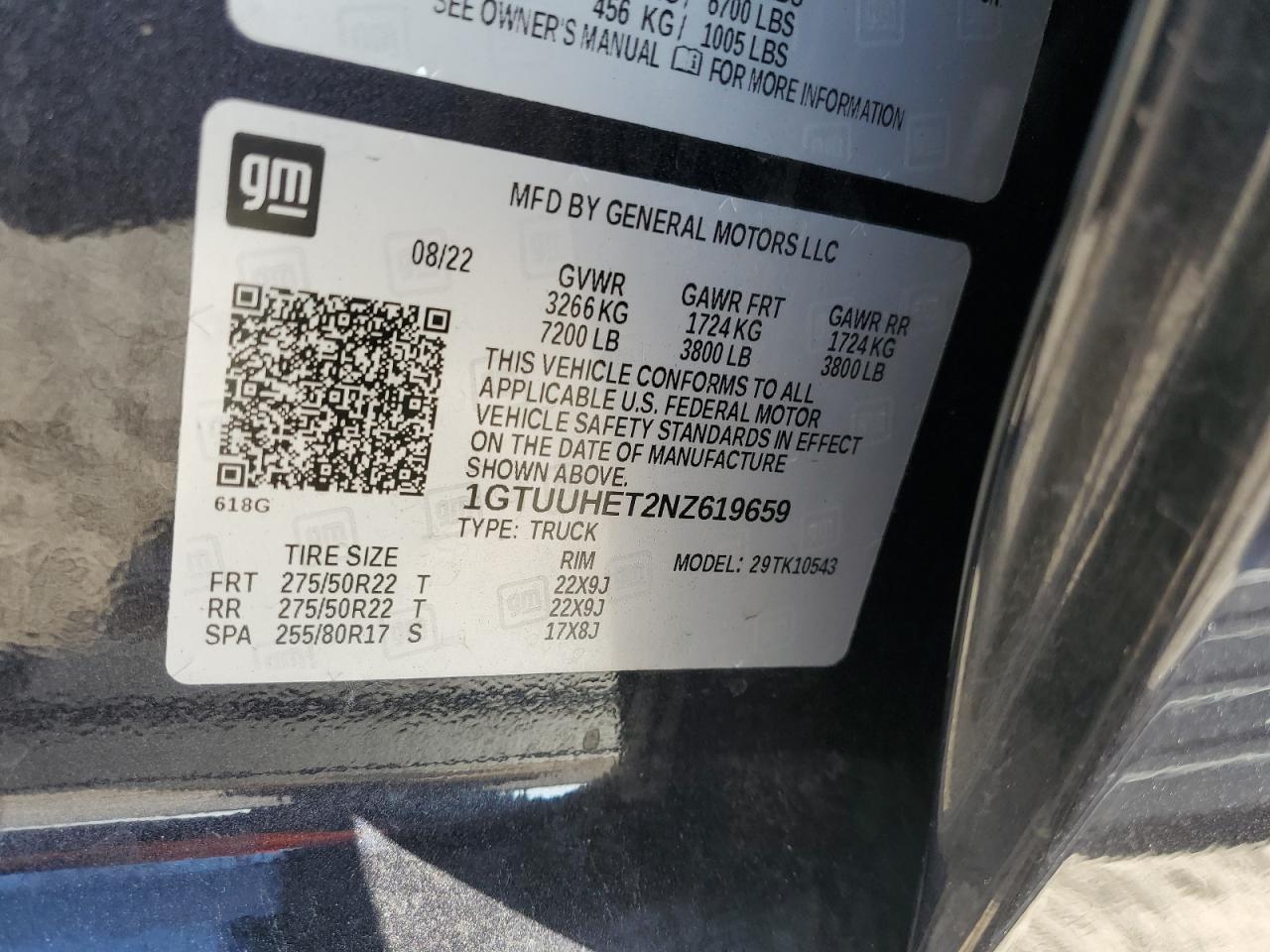 2022 GMC SIERRA K1500 DENALI ULTIMATE VIN:1GTUUHET2NZ619659