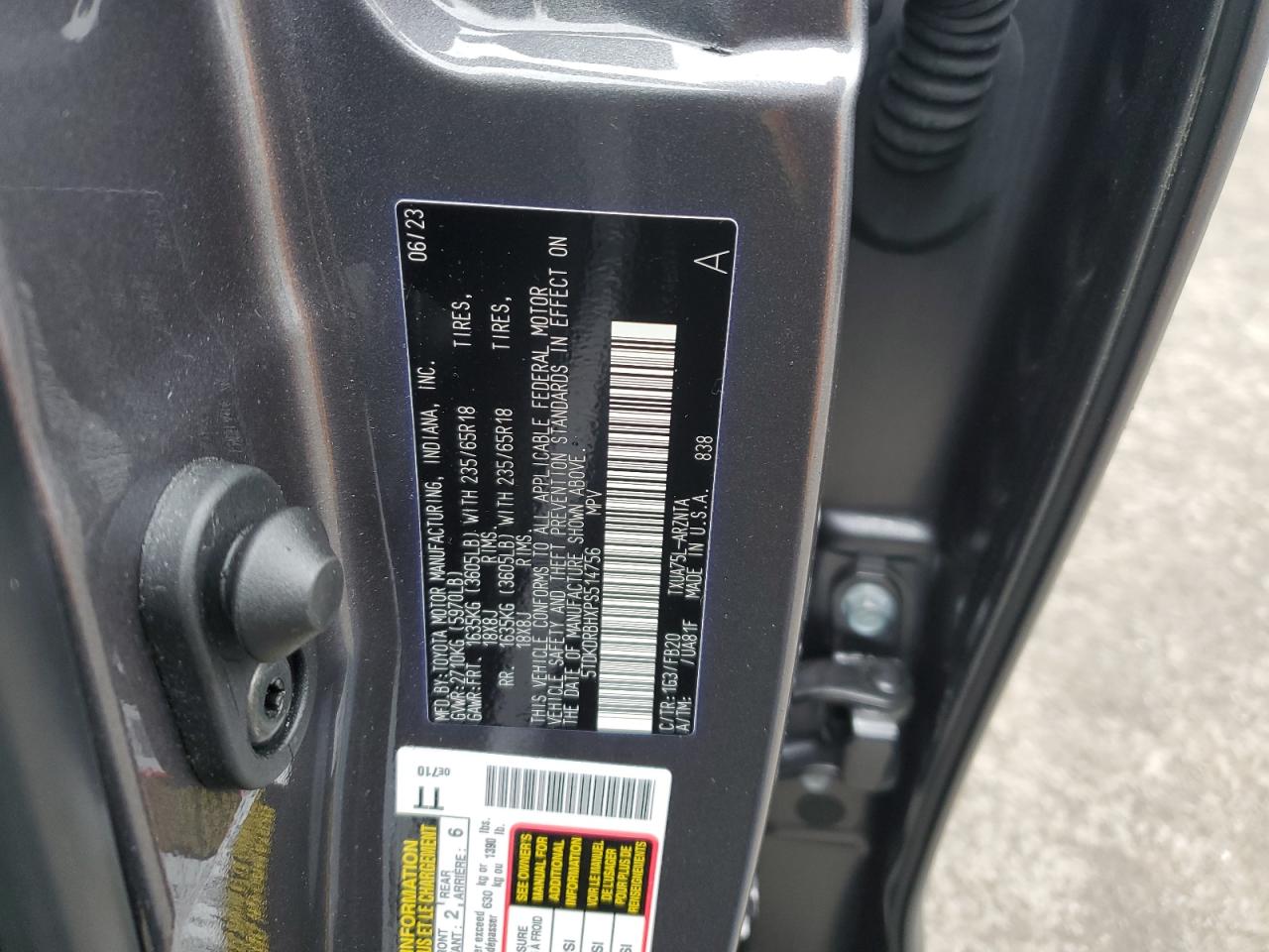 2023 TOYOTA HIGHLANDER L VIN:5TDKDRBHXPS514756