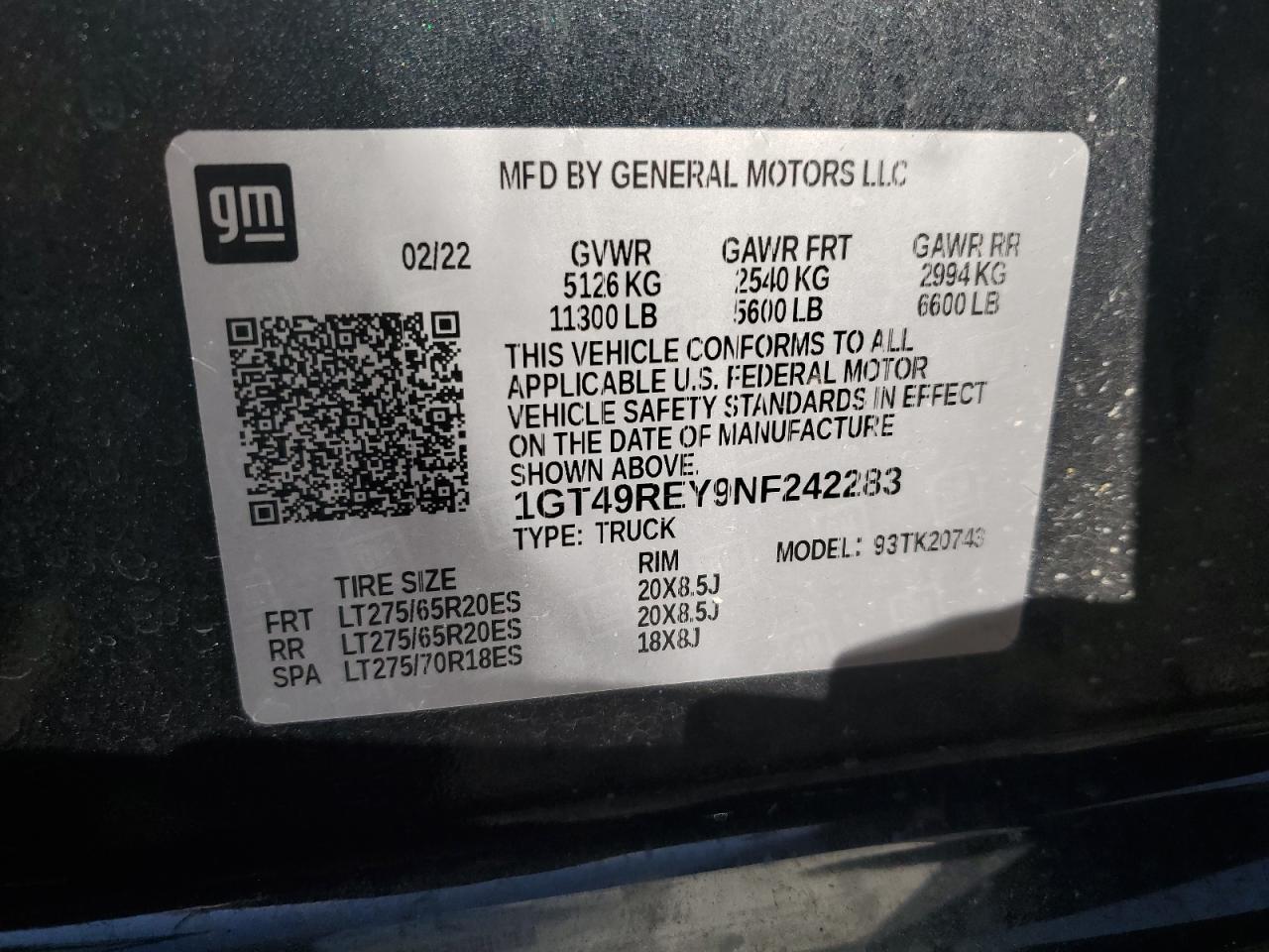 2022 GMC SIERRA K2500 DENALI VIN:1GT49REY9NF242283