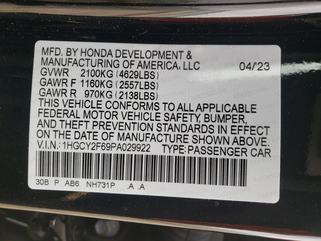 2023 HONDA ACCORD HYBRID EXL VIN:1HGCY2F69PA029922