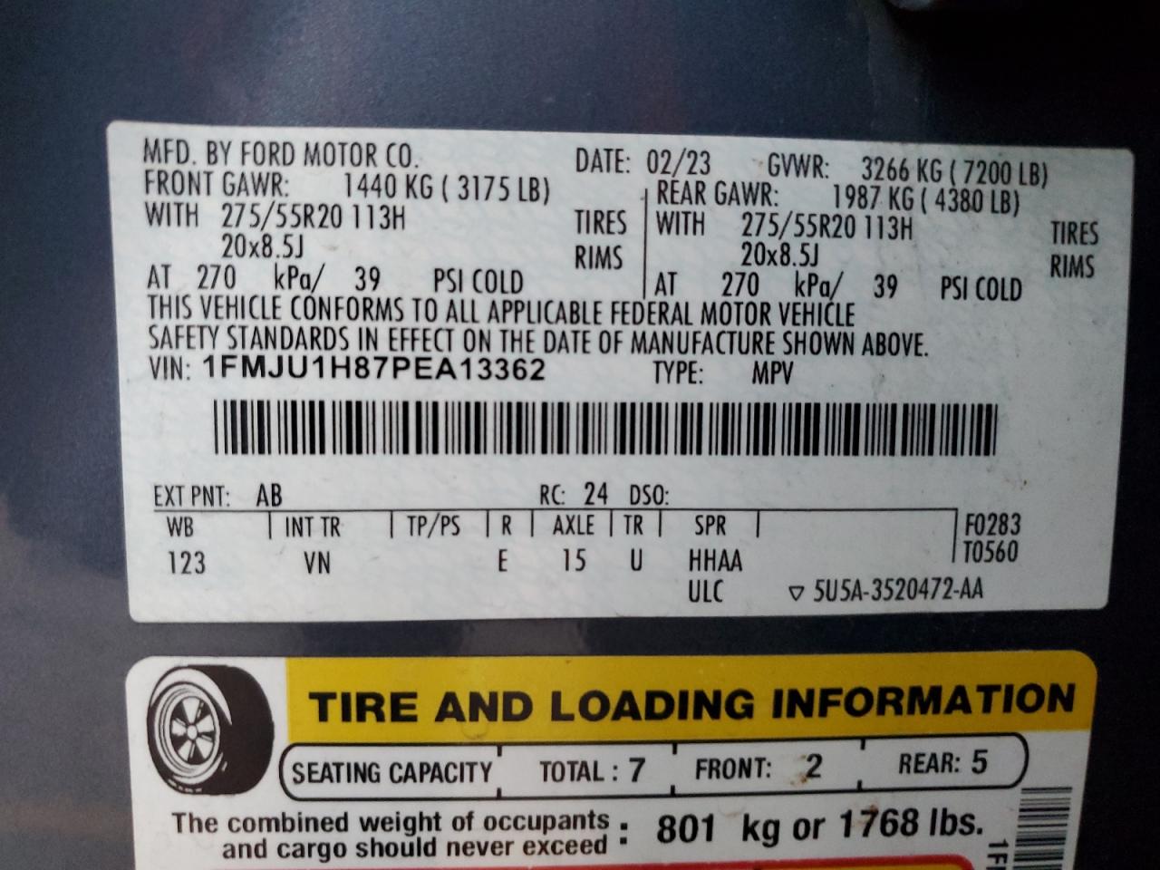 2023 FORD EXPEDITION XLT VIN:1FMJU1H87PEA13362