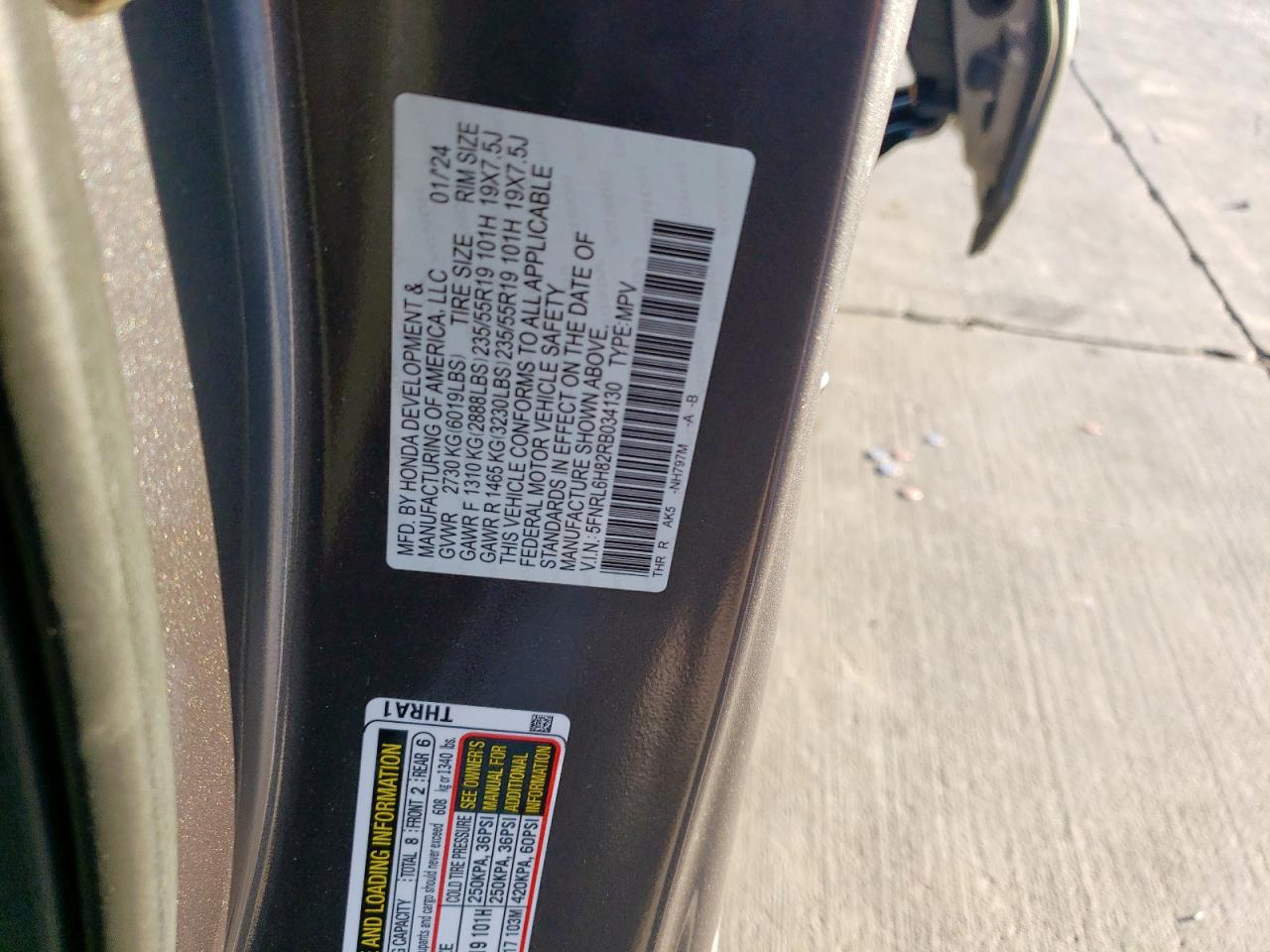 2024 HONDA ODYSSEY TOURING VIN:5FNRL6H82RB034130