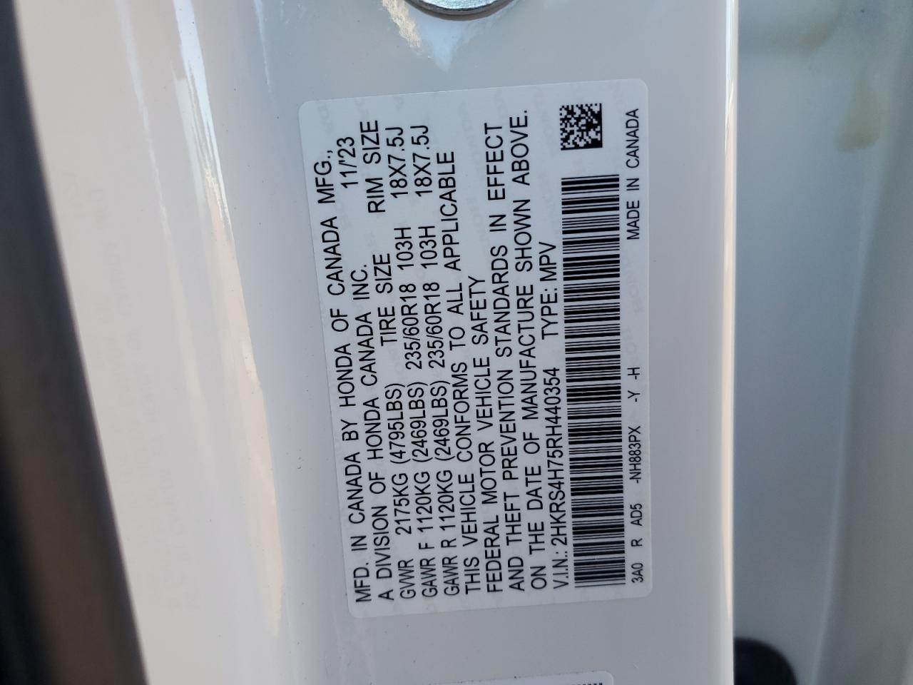 2024 HONDA CR-V EXL VIN:2HKRS4H75RH440354