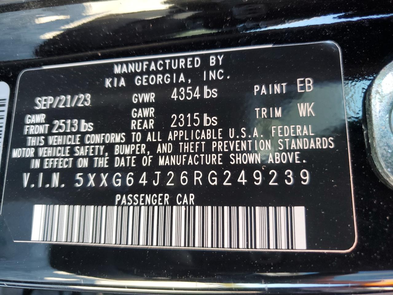 2024 KIA K5 GT LINE VIN:5XXG64J26RG249239