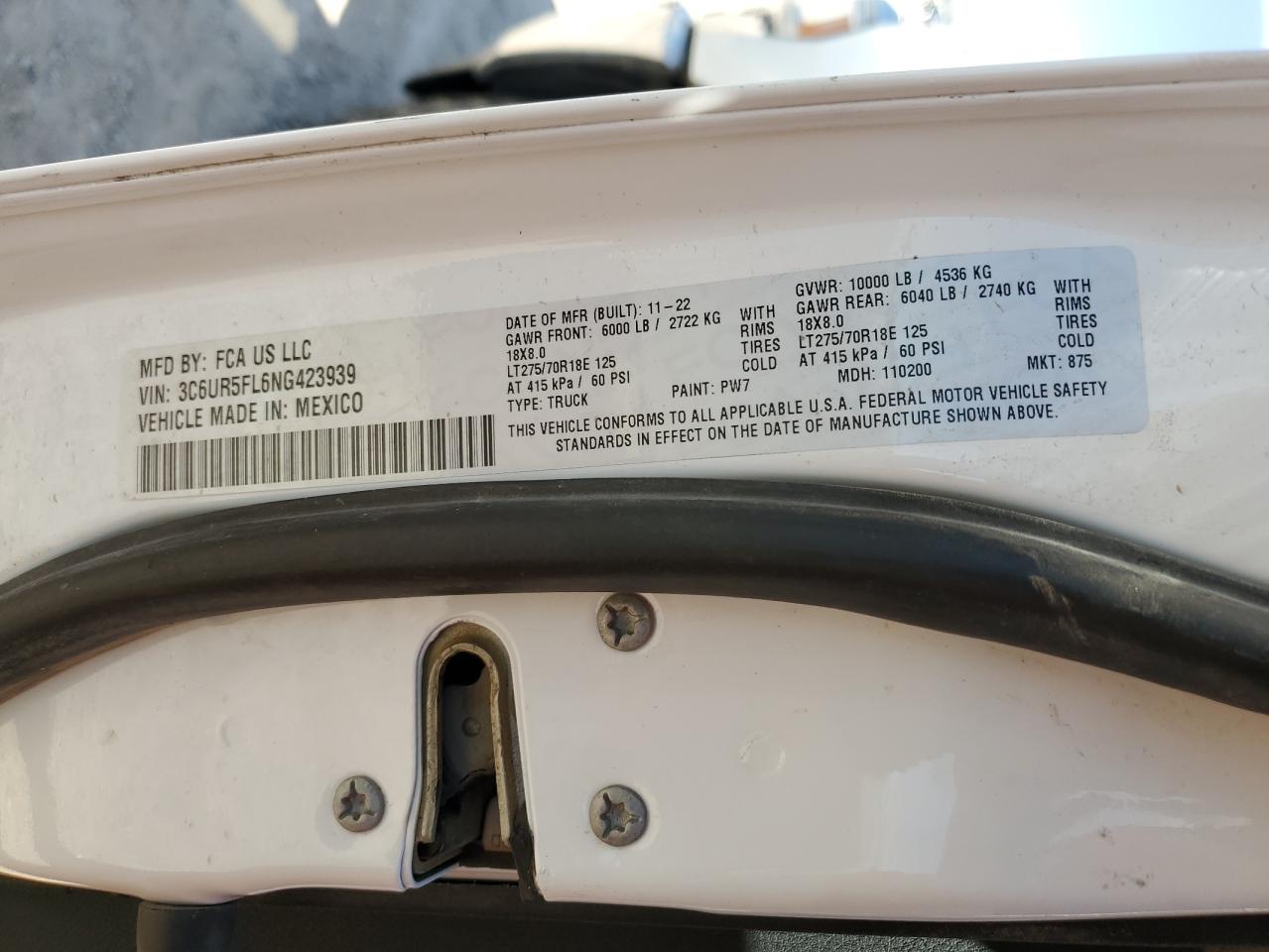 2022 RAM 2500 LARAMIE VIN:3C6UR5FL6NG423939