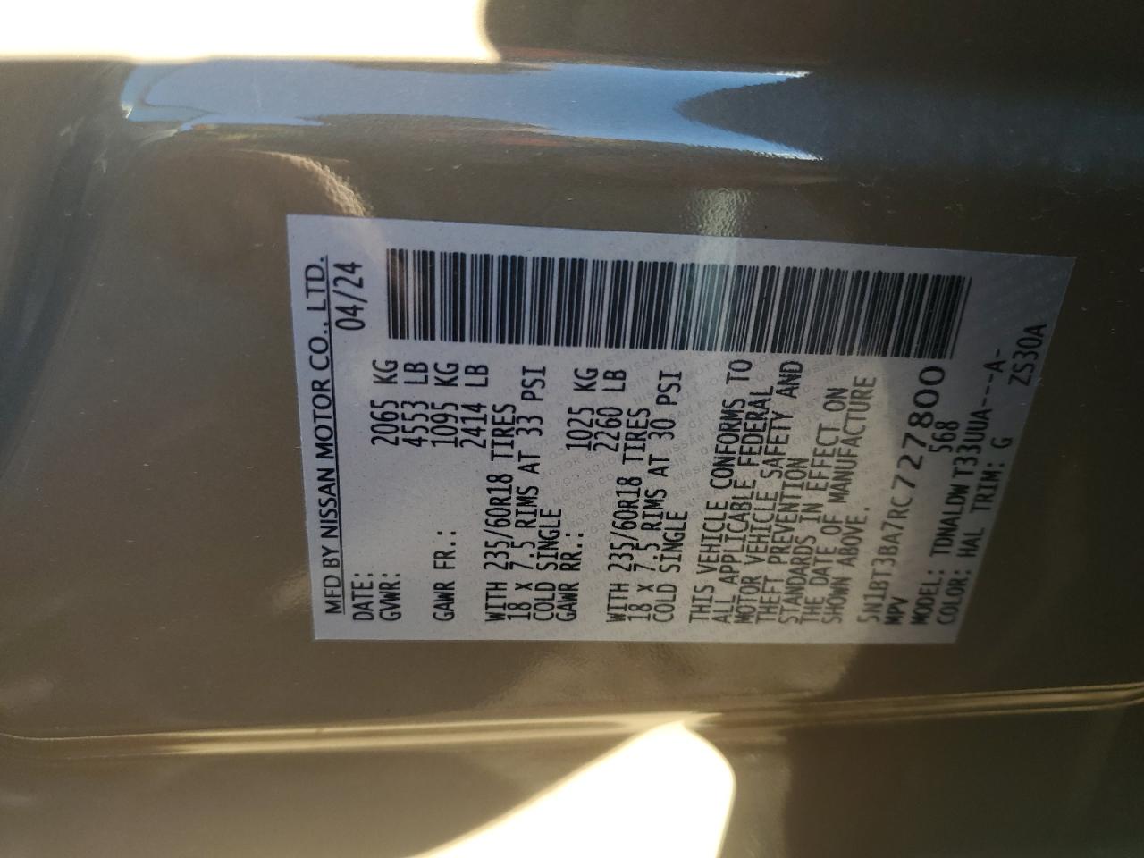 2024 NISSAN ROGUE SV VIN:5N1BT3BA7RC727800