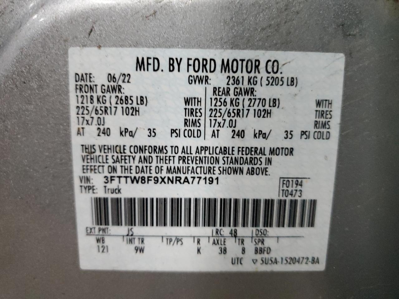 2022 FORD MAVERICK XL VIN:3FTTW8F9XNRA77191
